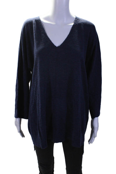 Eileen Fisher Ribbed Knit V-neck Long Sleeve Pullover Sweater Navy Size L