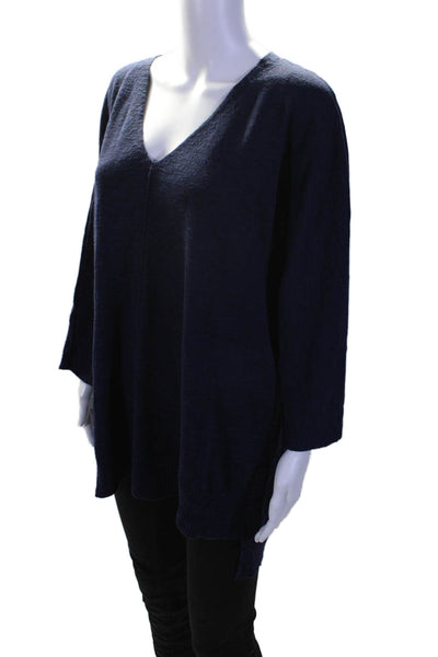 Eileen Fisher Ribbed Knit V-neck Long Sleeve Pullover Sweater Navy Size L