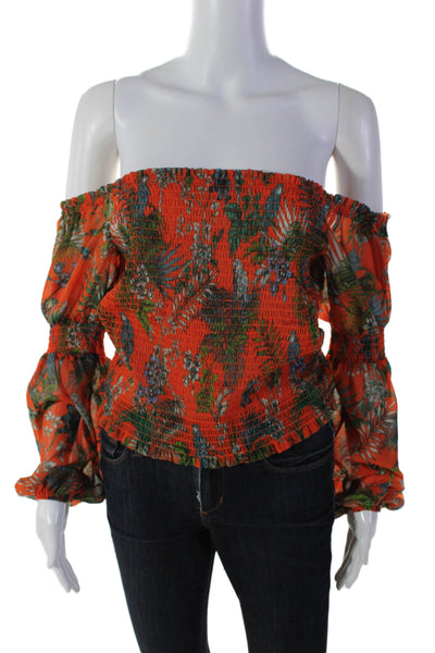 L'Agence Womens Smocked Floral Print Off the Shoulder Cropped Top Orange Size L