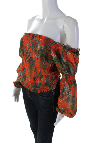 L'Agence Womens Smocked Floral Print Off the Shoulder Cropped Top Orange Size L