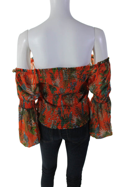 L'Agence Womens Smocked Floral Print Off the Shoulder Cropped Top Orange Size L