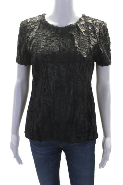 BCBGMAXAZRIA Womens Textured Short Sleeve Zip Up Blouse Top Black Size S