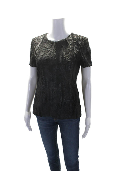 BCBGMAXAZRIA Womens Textured Short Sleeve Zip Up Blouse Top Black Size S