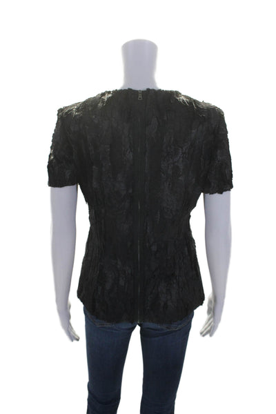 BCBGMAXAZRIA Womens Textured Short Sleeve Zip Up Blouse Top Black Size S