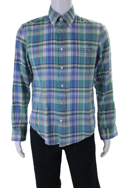 Hartford Mens Long Sleeve Check Print Button Down Shirt Green Medium