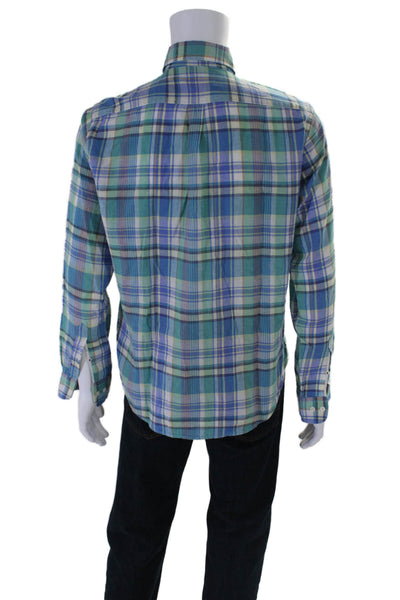 Hartford Mens Long Sleeve Check Print Button Down Shirt Green Medium