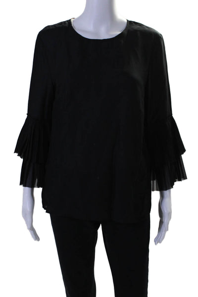 J. Mclaughlin Womens Zipped Flounce Pleated Tiered Sleeve Blouse Black Size M