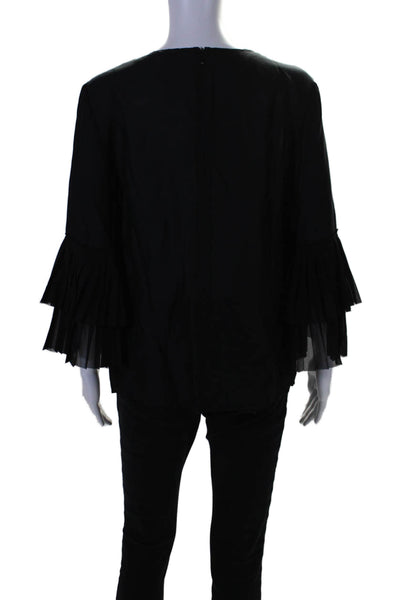 J. Mclaughlin Womens Zipped Flounce Pleated Tiered Sleeve Blouse Black Size M