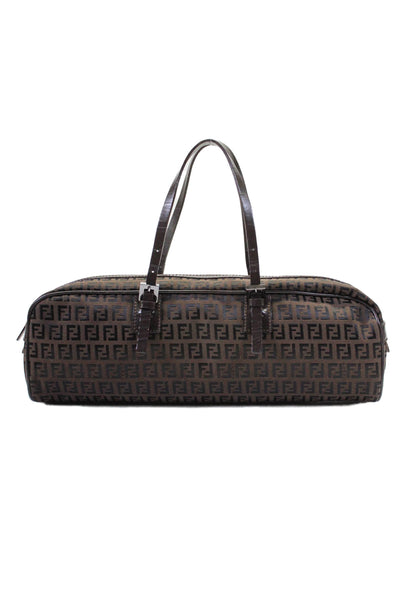 Fendi Womens Zucca Monogram Print Textured Zipped Shoulder Barrel Handbag Brown