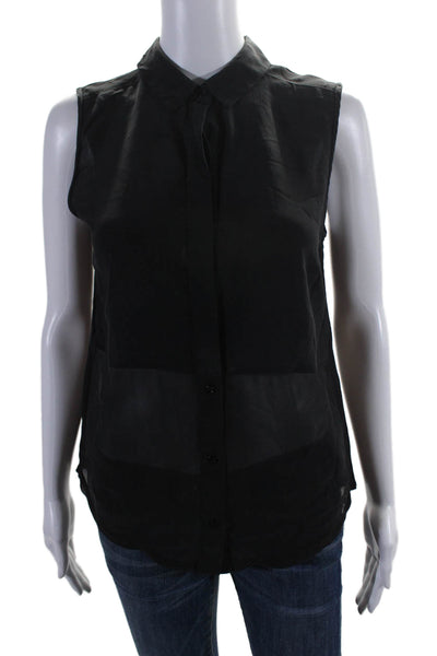 Trina Turk Womens Collar Sleeveless Sheer Button Casual Blouse Black Size S