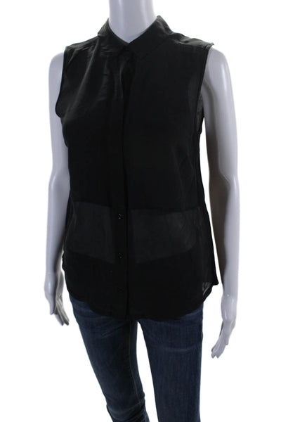 Trina Turk Womens Collar Sleeveless Sheer Button Casual Blouse Black Size S