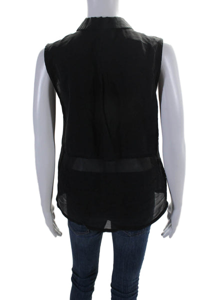 Trina Turk Womens Collar Sleeveless Sheer Button Casual Blouse Black Size S