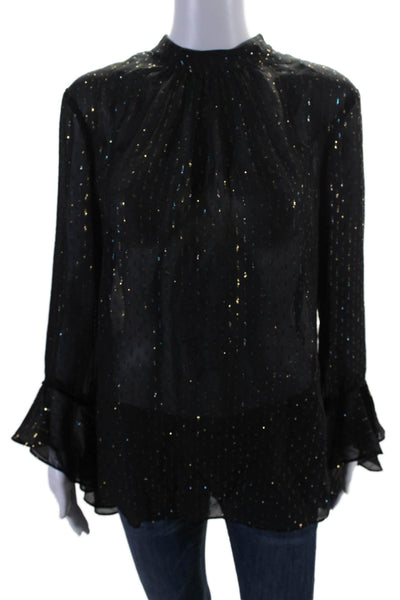 Trina Turk Womens Sheer V-neck Long Sleeve Tier Texture Sparkly Blouse Black Siz