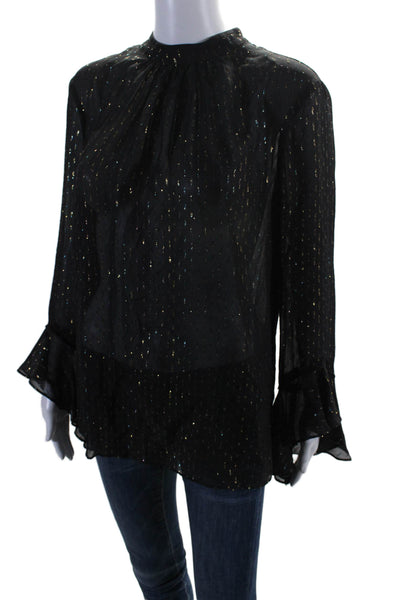 Trina Turk Womens Sheer V-neck Long Sleeve Tier Texture Sparkly Blouse Black Siz