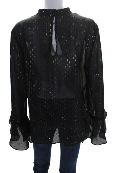 Trina Turk Womens Sheer V-neck Long Sleeve Tier Texture Sparkly Blouse Black Siz