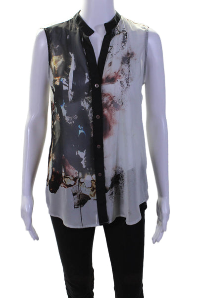 Hunter Dixon Womens Sheer Sleeveless Button Collar Floral Blouse Gray Size XS