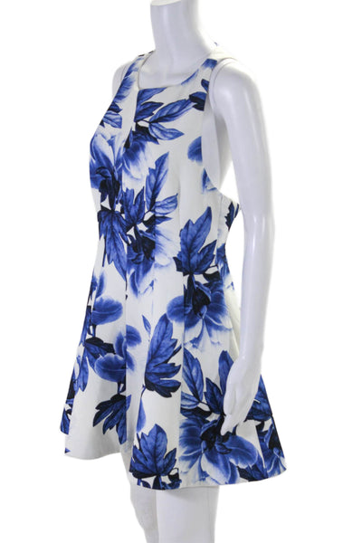 Keepsake Womens Sleeveless Floral Scoop Neck A Line Dress White Blue Size L