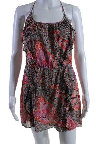 Parker Womens Silk Red Multicolor Printed Ruffle Sleeveless Shift Dress Size XS