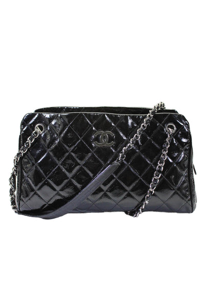 Chanel Womens Black Quilted Patent Leather Chain Strap CC Angle Tote Handbag