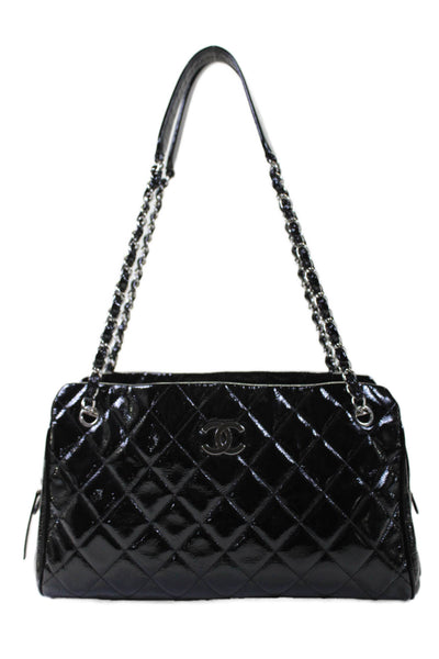 Chanel Womens Black Quilted Patent Leather Chain Strap CC Angle Tote Handbag