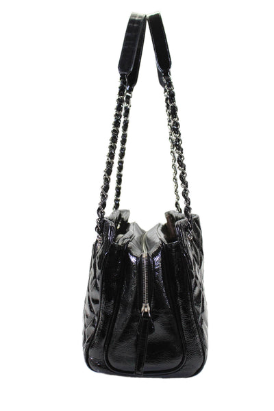 Chanel Womens Black Quilted Patent Leather Chain Strap CC Angle Tote Handbag