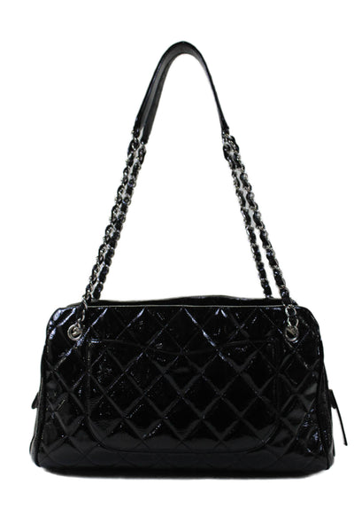 Chanel Womens Black Quilted Patent Leather Chain Strap CC Angle Tote Handbag