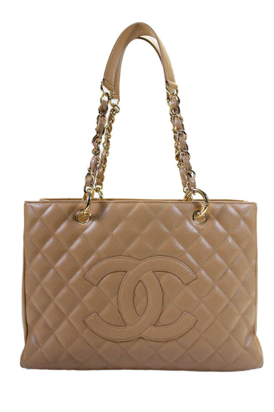 Chanel Womens Beige Caviar Quilted Grand Shopping Tote Bag Handbag