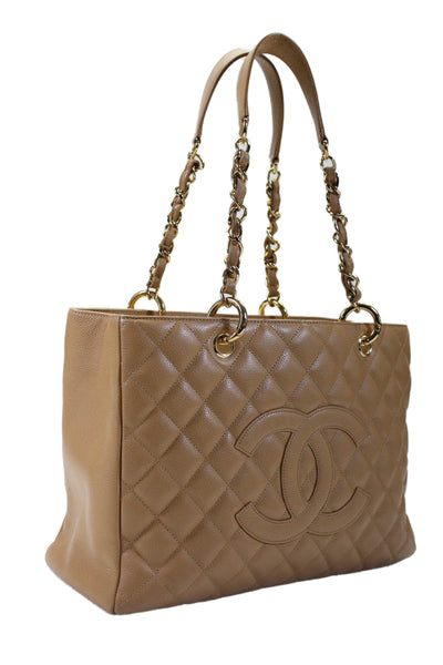 Chanel Womens Beige Caviar Quilted Grand Shopping Tote Bag Handbag