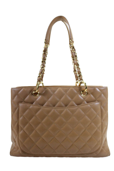 Chanel Womens Beige Caviar Quilted Grand Shopping Tote Bag Handbag