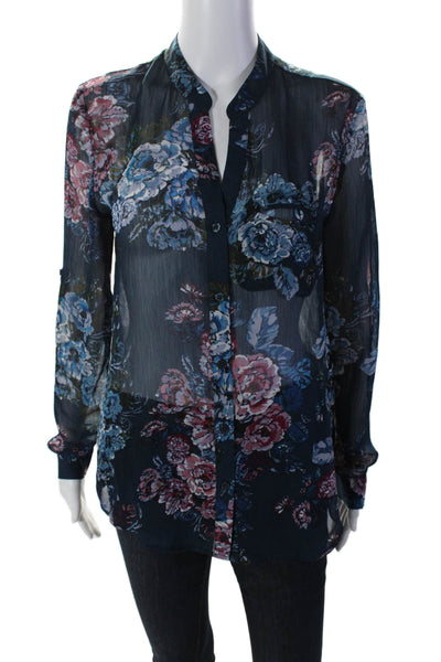 KUT from the Kloth Womens Long Sleeve V Neck Floral Shirt Navy Multi Size Small
