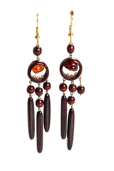 Viktoria Hayman Womens Wooden Bead Resin Dangle Chandelier Earrings Brown