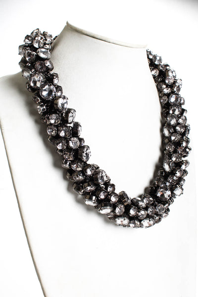 Designer Womens Gunmetal Tone Rhinestone Chunky Twist Statement Necklace