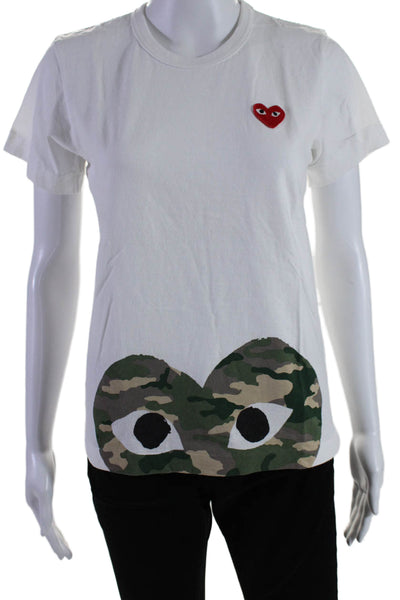 Play Comme Des Garcons Womens White Camouflaged Graphic Crew Neck Tee Top Size L