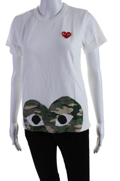 Play Comme Des Garcons Womens White Camouflaged Graphic Crew Neck Tee Top Size L