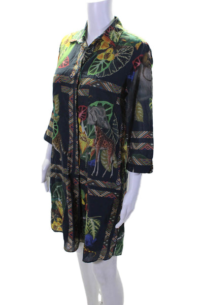 Vilagallo Womens Button Front Collared Jungle Shirt Dress Navy Multi Size FR 42