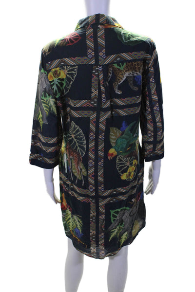 Vilagallo Womens Button Front Collared Jungle Shirt Dress Navy Multi Size FR 42