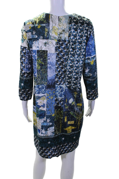 Vilagallo Womens Back Zip Crew Neck Geometric Abstract Velvet Dress Blue FR 42