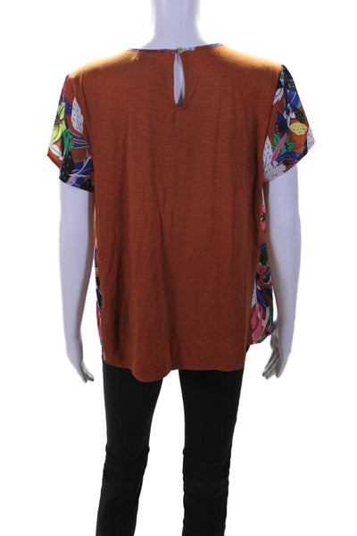 Dolan Womens Short Sleeve Satin Floral Mixed Media Top Burnt Orange Size Medium