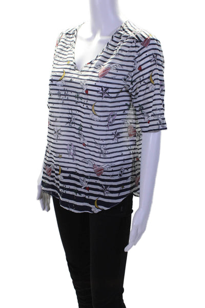 Vilagallo Womens Short Sleeve V Neck Striped Abstract Shirt White Navy FR 40