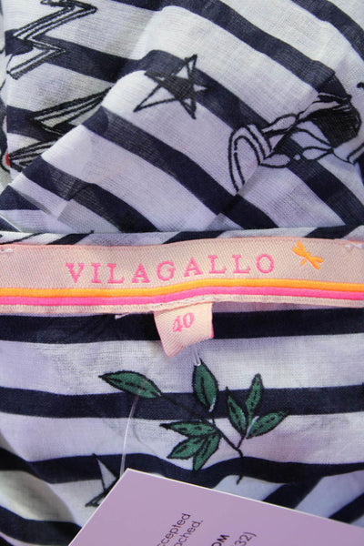 Vilagallo Womens Short Sleeve V Neck Striped Abstract Shirt White Navy FR 40