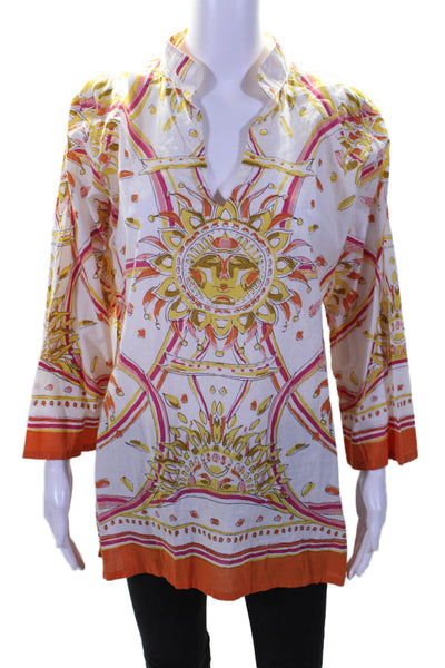 Barbara Gerwit Womens Long Sleeve V Neck Printed Tunic Top White Multi Large