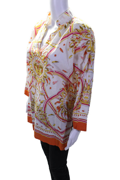 Barbara Gerwit Womens Long Sleeve V Neck Printed Tunic Top White Multi Large