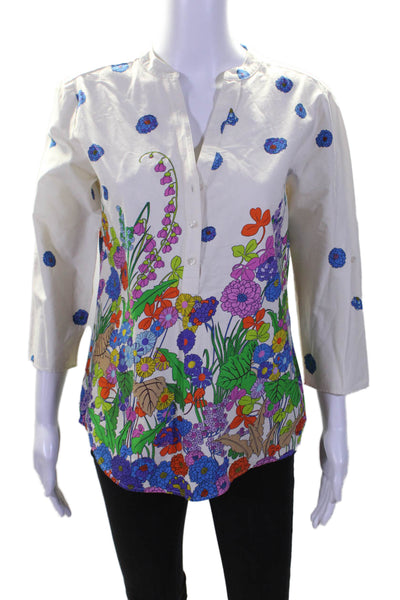 Vilagallo Womens Button Front 3/4 Sleeve V Neck Floral Shirt White Multi FR 40