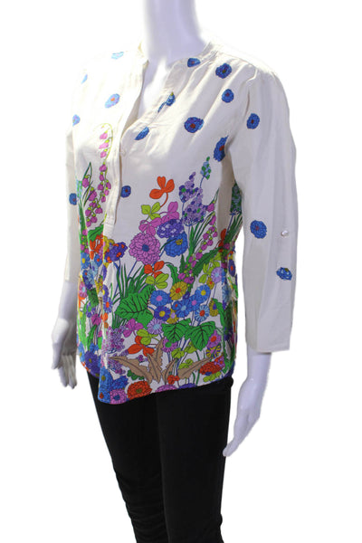 Vilagallo Womens Button Front 3/4 Sleeve V Neck Floral Shirt White Multi FR 40