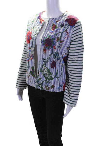 Vilagallo Womens Open Front Striped Floral Jacket White Multi Cotton Size FR 42