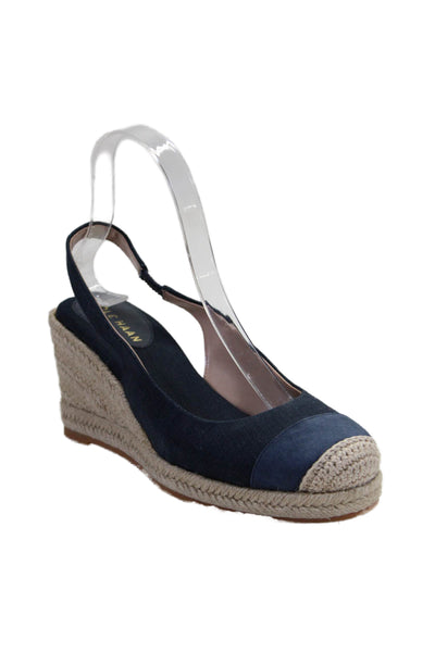 Cole Haan Womens Wedge Heel Cap Toe Slingback Espadrilles Blue Canvas Size 7