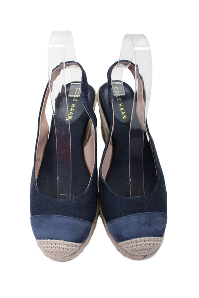 Cole Haan Womens Wedge Heel Cap Toe Slingback Espadrilles Blue Canvas Size 7