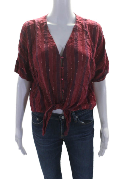 Rails Womens Button Front Short Sleeve Metallic Striped Shirt Red Size Medium