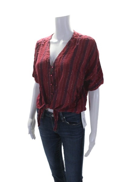 Rails Womens Button Front Short Sleeve Metallic Striped Shirt Red Size Medium