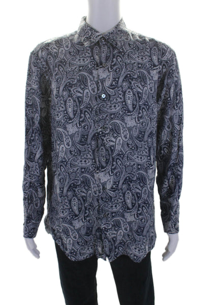 Ermenegildo Zegna Mens Paisley Print Long Sleeve Button Down Shirt Blue Size 2XL